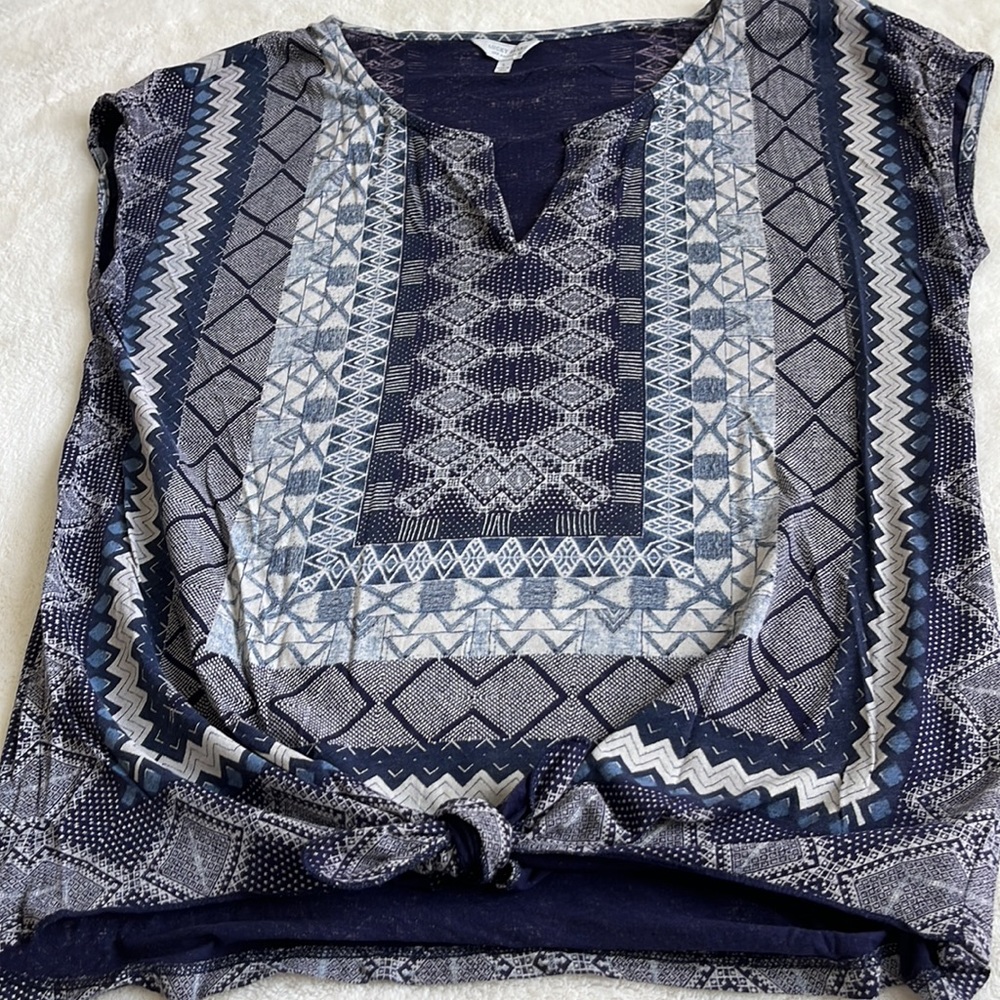 Lucky Brand tie waist sleeveless top blue / grey print sz large - Picture 2 of 12